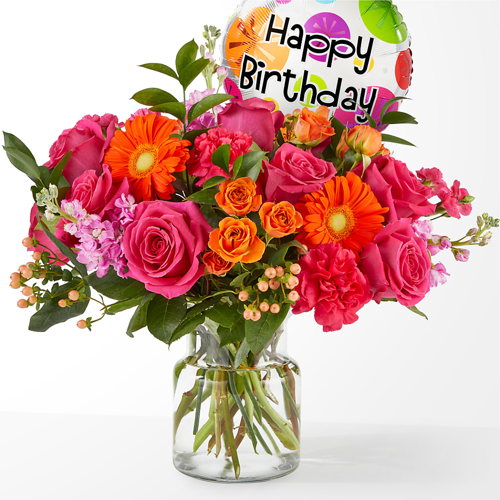 Fiesta Bouquet with Birthday Balloon – J ALEXANDER'S FLORIST, Jackson MI