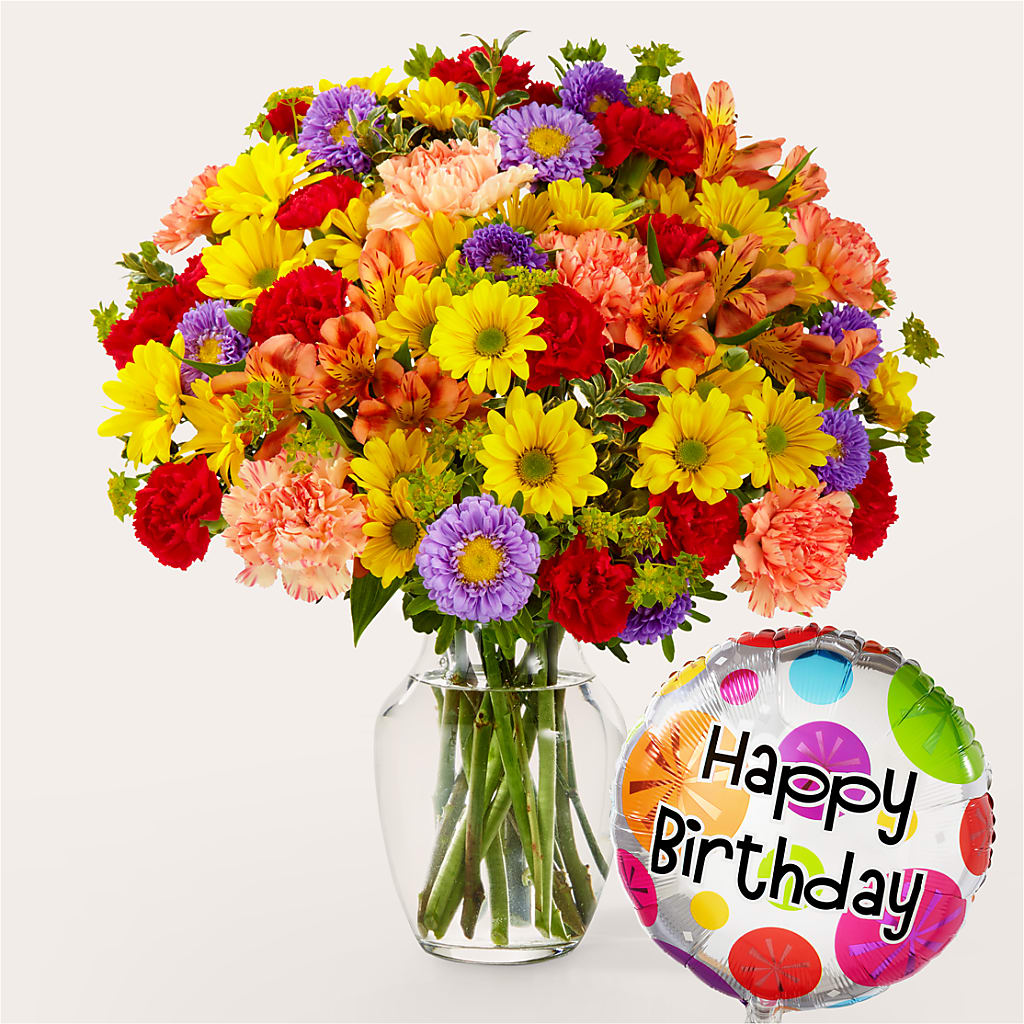 Kaleidoscope Bouquet with Birthday Balloon – J ALEXANDER'S FLORIST, Jackson MI