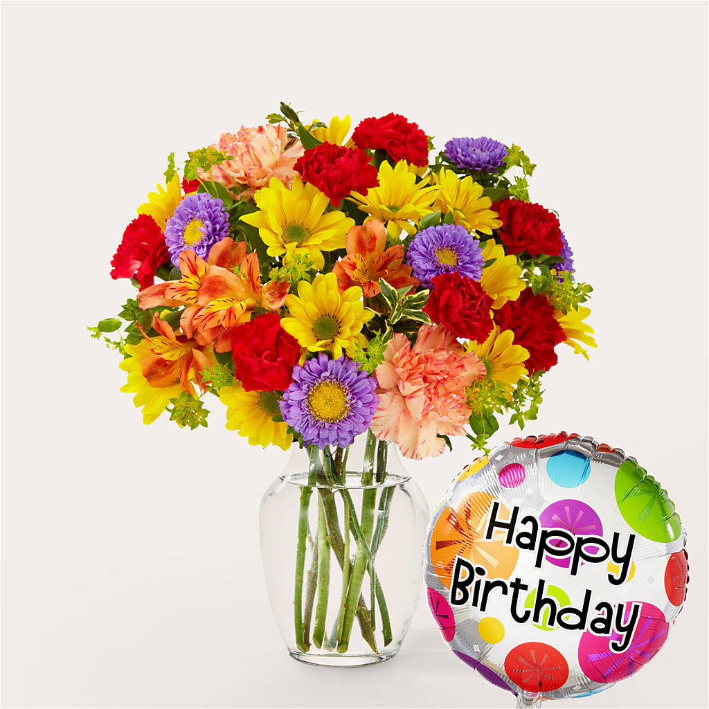 Kaleidoscope Bouquet with Birthday Balloon – J ALEXANDER'S FLORIST, Jackson MI
