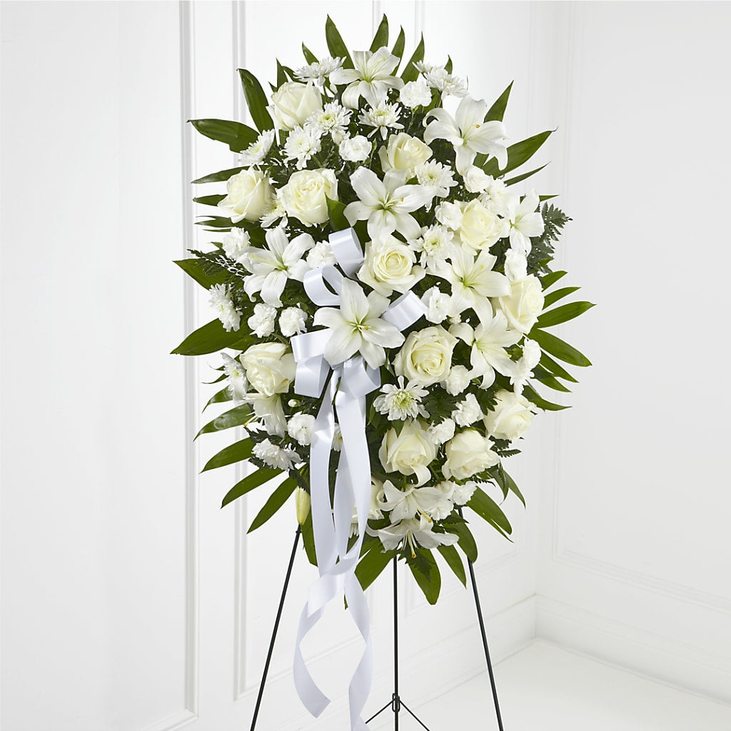 Exquisite Tribute Standing Spray-White Ribbon – J ALEXANDER'S FLORIST, Jackson MI